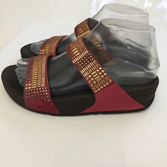 Fitflop Pink Gold Azteck Chada Womens 37 EU/ 6 US Slide Slip On Leather Rubber - Picture 5 of 16